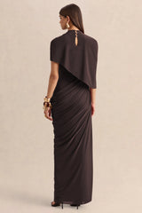 Lunaline | Brown High-Neck Maxi Dress With Asymmetric Cape And Draped-Detailing