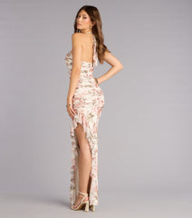 Josephine Floral Mesh Ruffled Slit Formal Dress