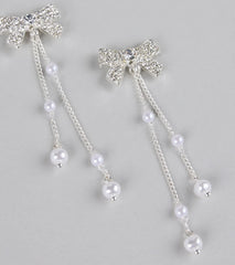 Darling Drama Rhinestone Bow Pearl Drop Earrings