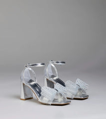 Fancy Looks Rhinestone Bow Metallic Block Heels