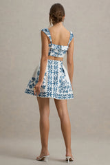 Modella | Blue Porcelain Print Skater Mini Skirt