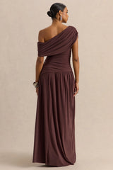 Emberly | Brown Draped Asymmetric-Neck Maxi Dress With Drop-Waist