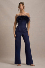 First Class | Navy Bandeau Feather Wide Leg Jumpsuit