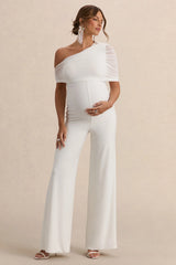 Mariska | White Asymmetric-Neck Maternity Jumpsuit
