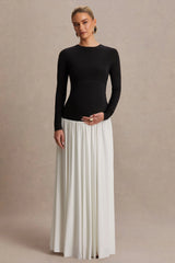 Monroe | Black And White Crew-Neck Maternity Maxi Dress With Drop-Waist
