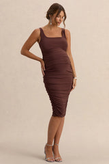 Lisbon | Brown Maternity Square Neck Ruched Midi Dress