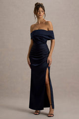 Martine | Navy Satin Bardot Wrap Maxi Dress