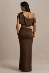 Megan | Brown Satin Wrap Maxi-Skirt With Gathered Detailing