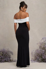 In Bloom | Black & White Bardot Maternity Maxi Dress With Flower