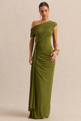 Avialee | Green Asymmetric-Neck Maxi Dress With Gathered-Detailing And Sash