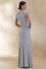 Aurah | Silver Sequin Crew-Neck Maxi Dress With Cap Sleeves