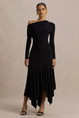 Isola | Black Asymmetric-Neck Midi Dress With Hanky-Hem