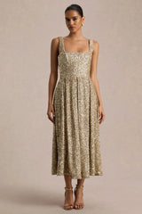 Lima | Champagne Sequin Square-Neck A-Line Midi Dress