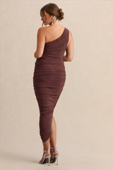 Late Night | Brown Maternity Ruched One Shoulder Midi Dress