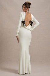 Rosalee | Cream Long-Sleeve Cowl-Back Maxi Dress With Bows
