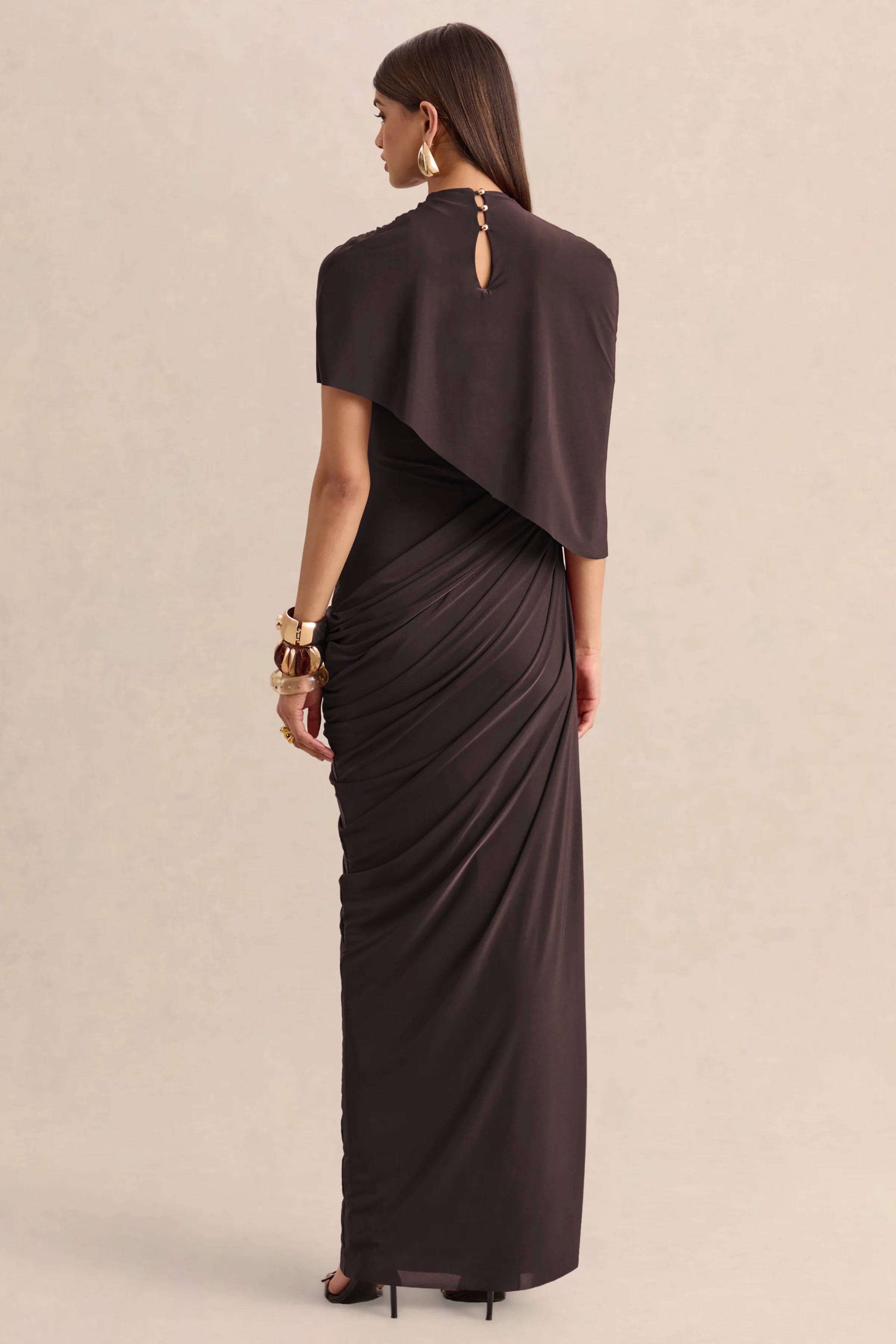 Lunaline | Brown High-Neck Maxi Dress With Asymmetric Cape And Draped-Detailing