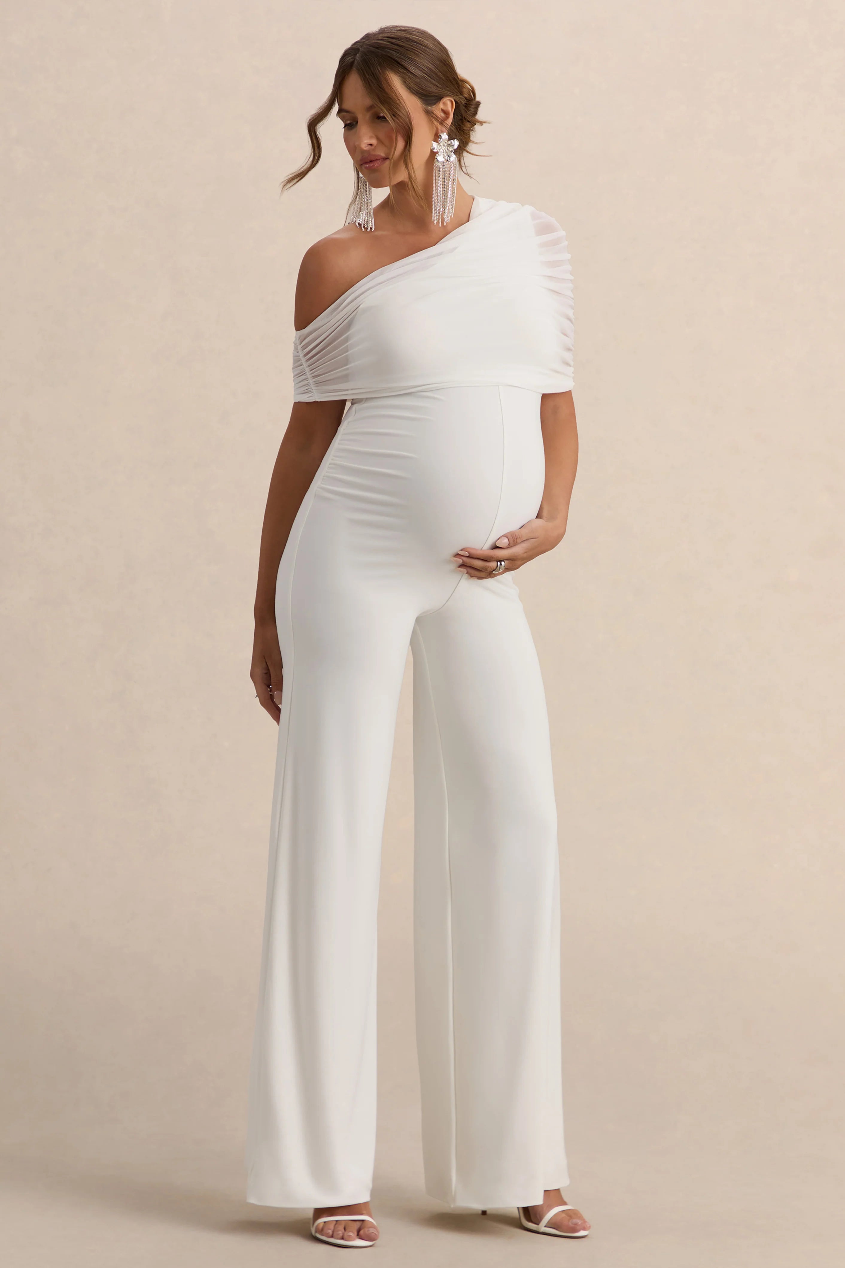 Mariska | White Asymmetric-Neck Maternity Jumpsuit