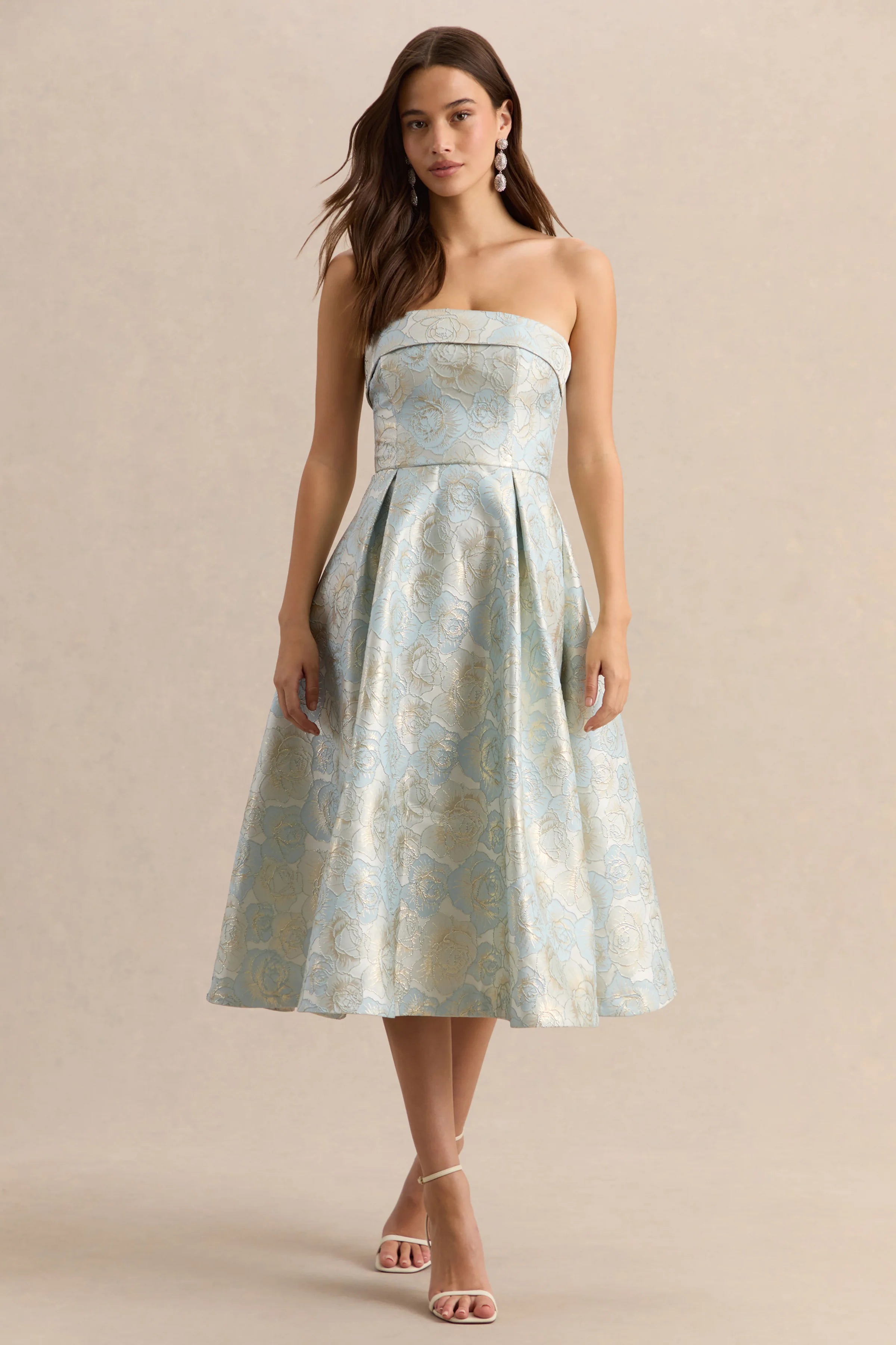 Tori | Powder Blue Jacquard Bandeau Skater Midi Dress