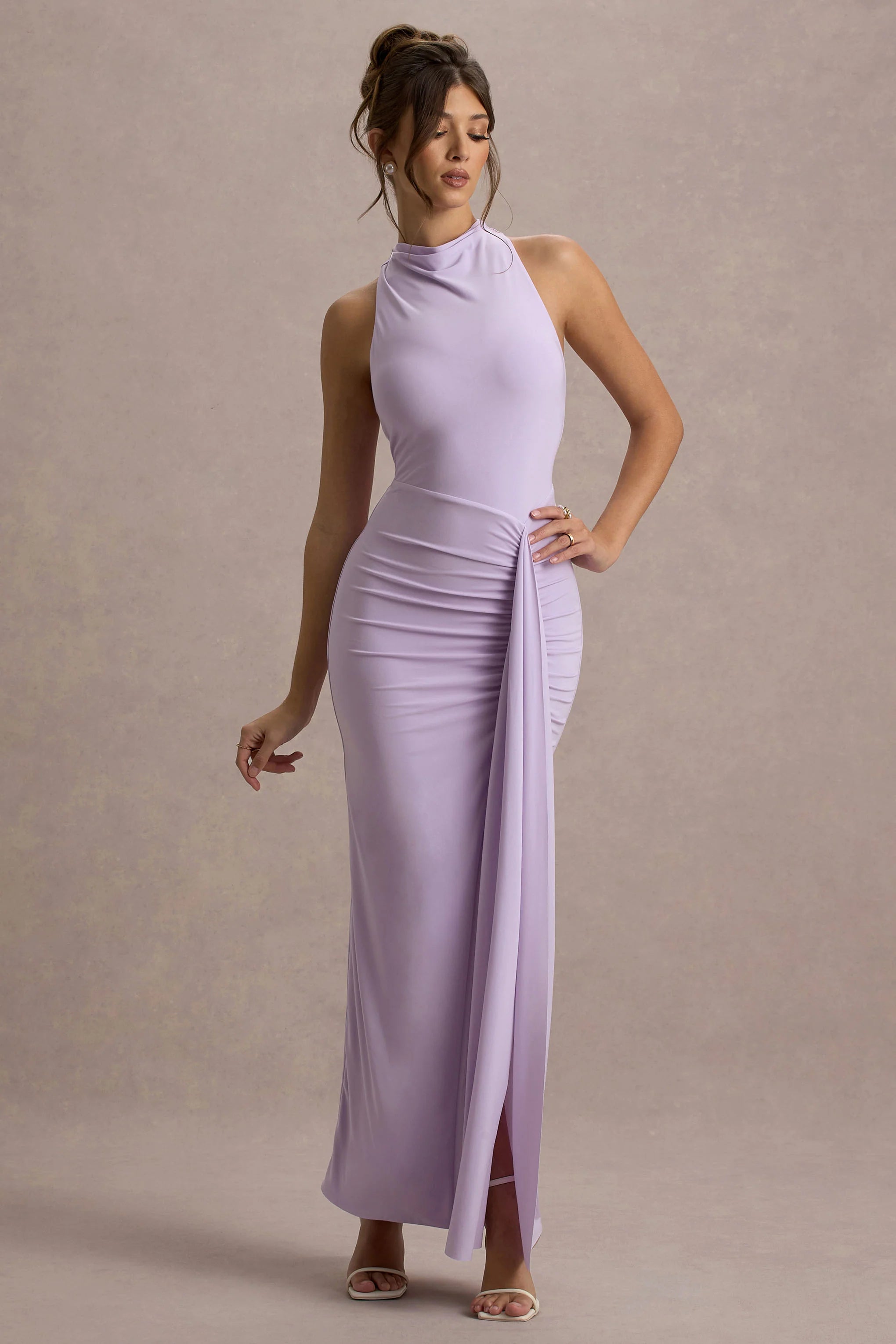 Sunflower | Lilac Ruched High-Neck Split Maxi Dress