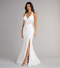 Cadie Halter Corset Slit Lace Formal Dress