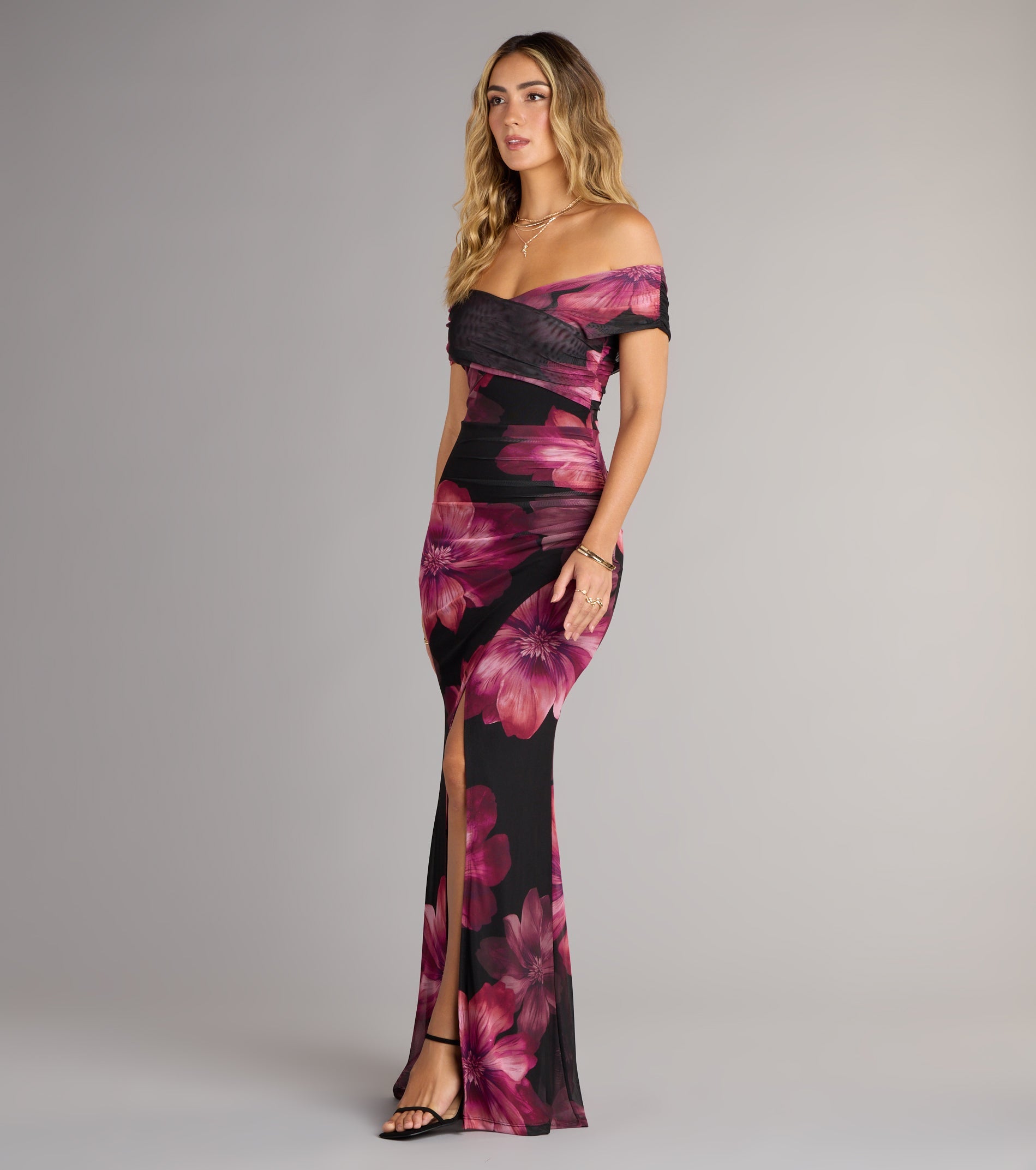 Cornelia Off-The-Shoulder Slit Floral Formal Dress