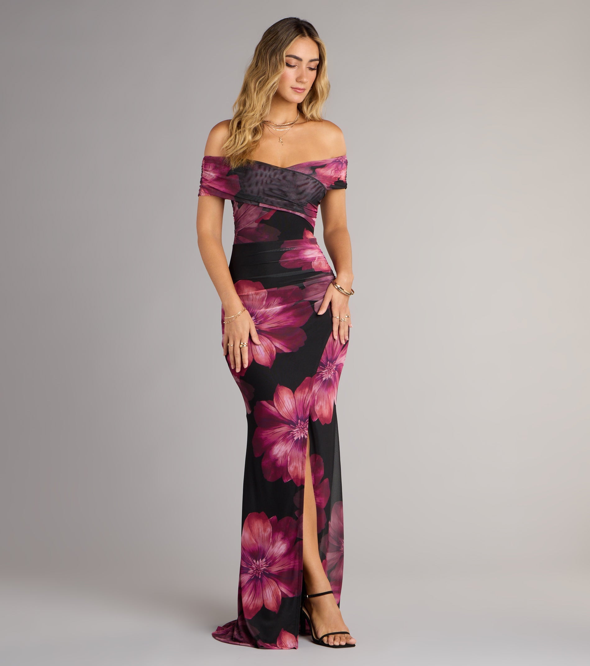 Cornelia Off-The-Shoulder Slit Floral Formal Dress
