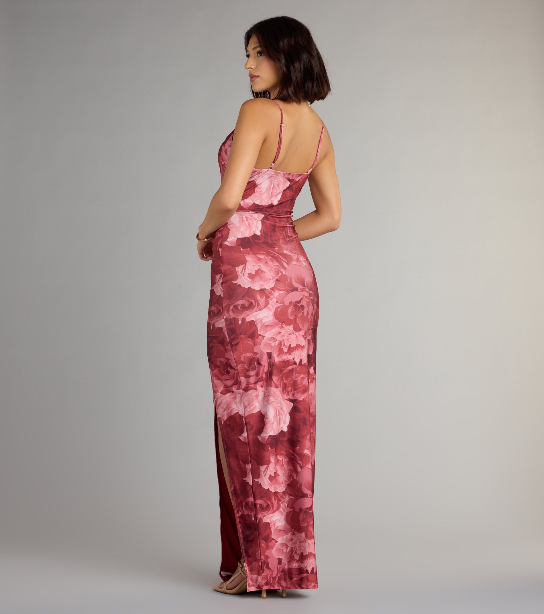 Isa Floral Cowl Neck Slit Formal Dress