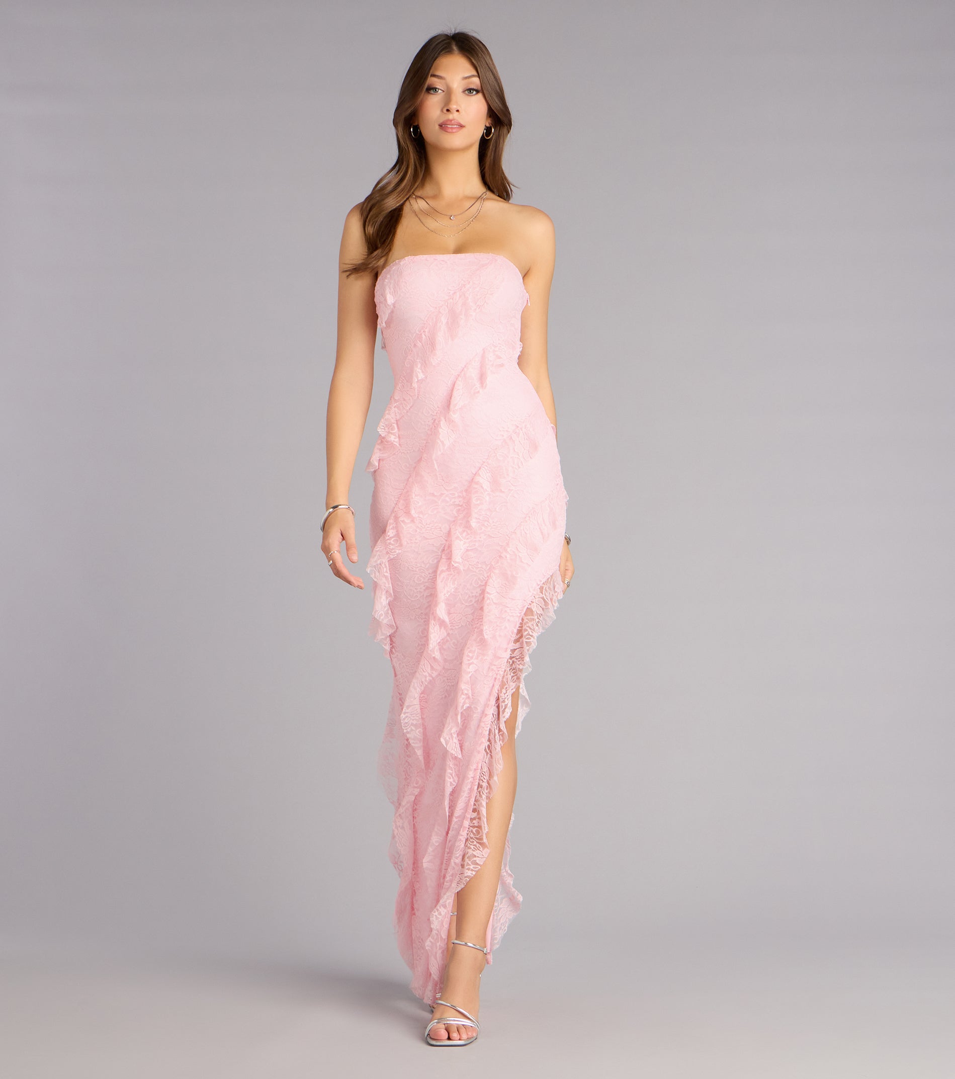 Ellie Ruffled Lace High Slit Formal Dress