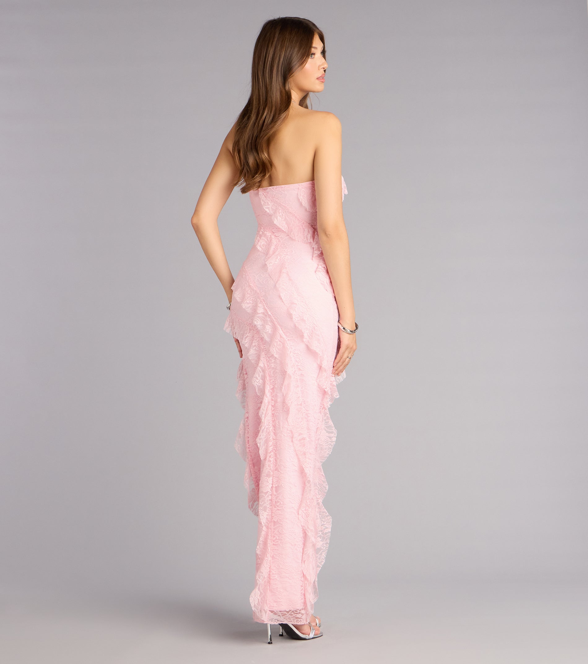 Ellie Ruffled Lace High Slit Formal Dress