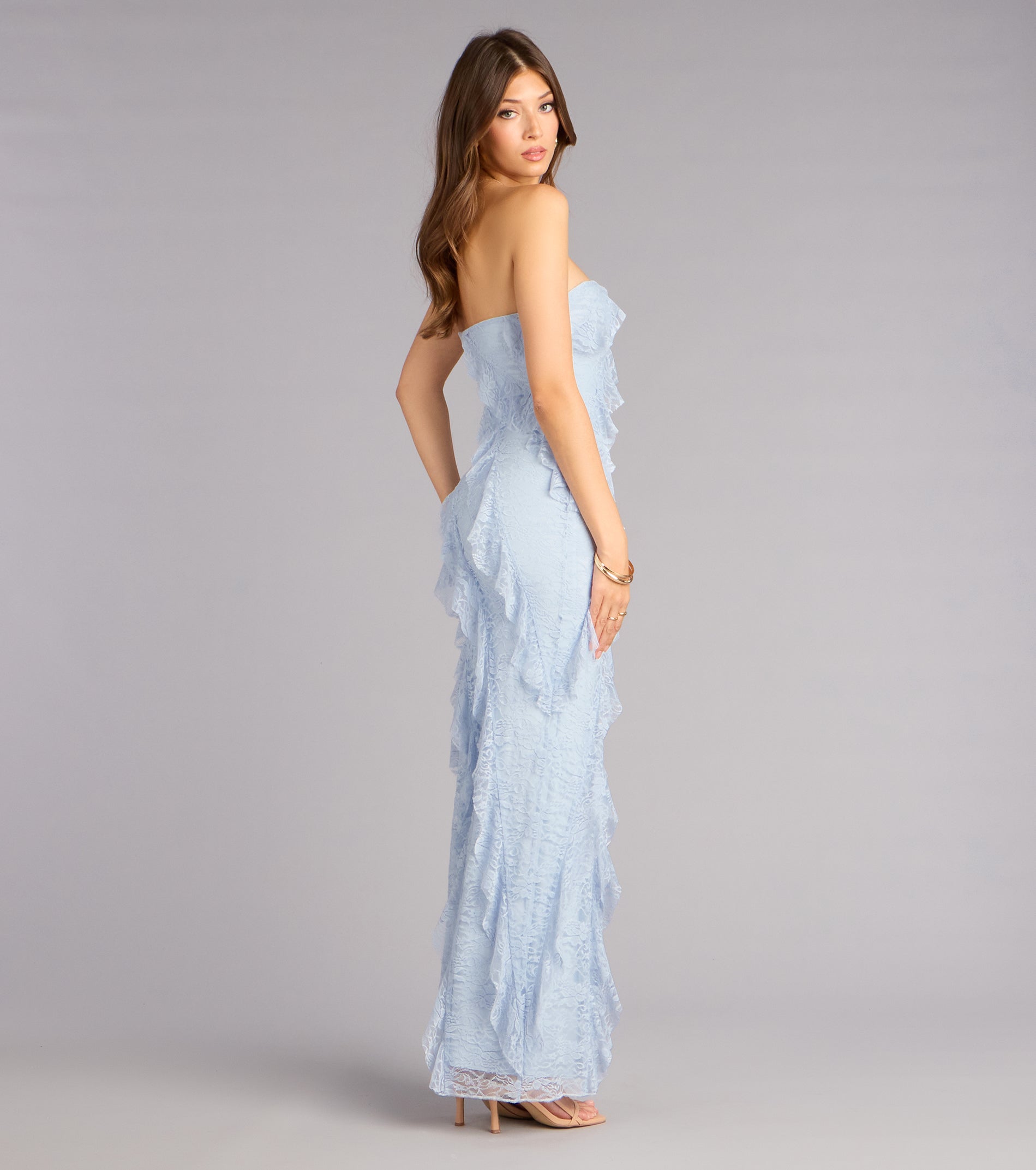 Ellie Ruffled Lace High Slit Formal Dress