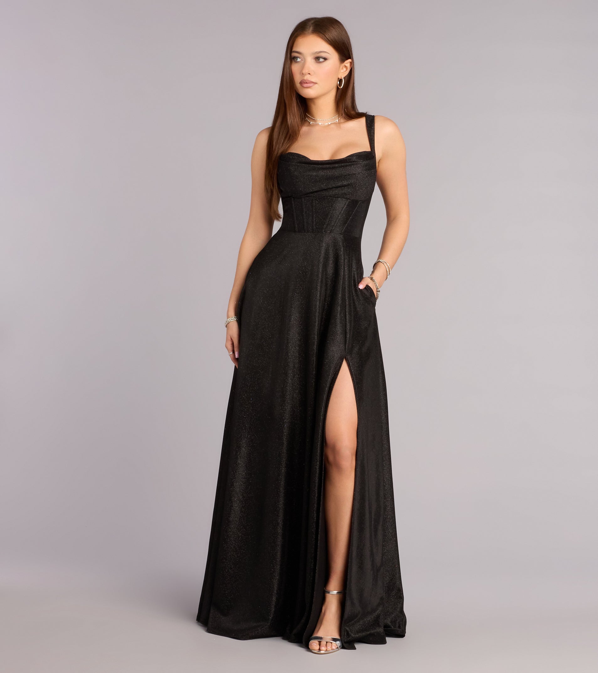 Clarence Corset Slit Glitter A-Line Formal Dress