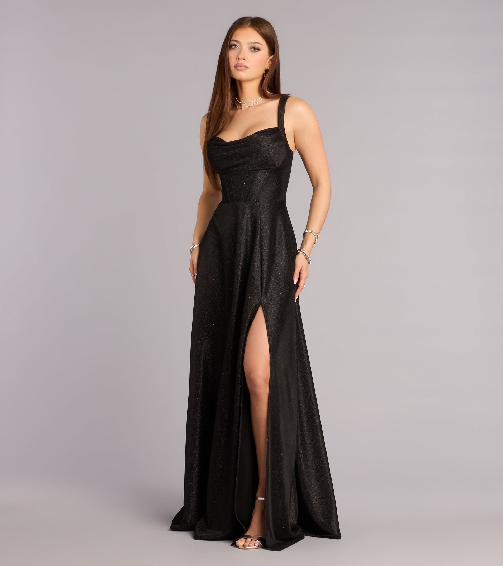 Clarence Corset Slit Glitter A-Line Formal Dress