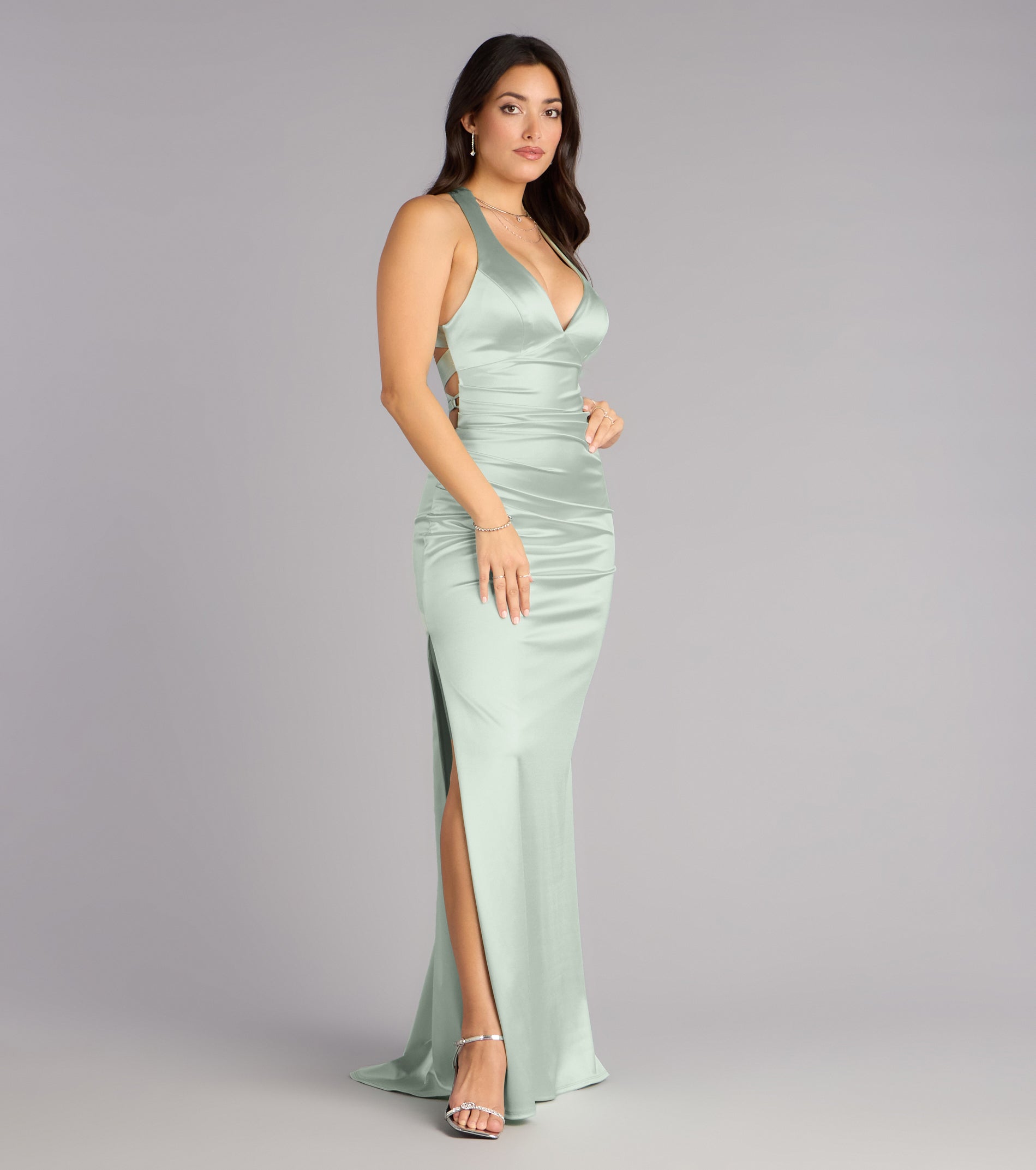 Jamie Lace-Up Satin Formal Column Dress