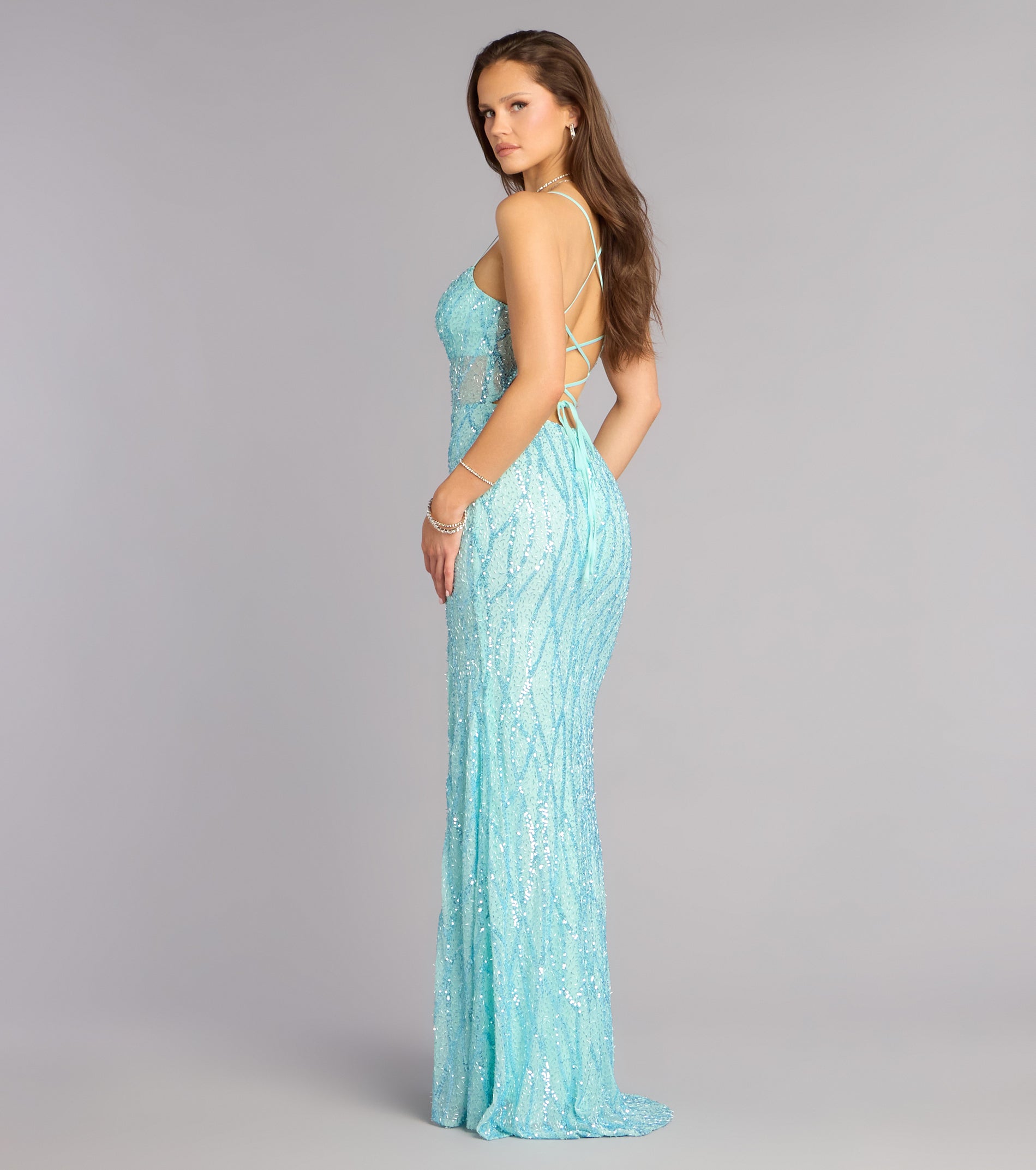 Meghan Lace-Up Corset Sequin Bead Formal Dress