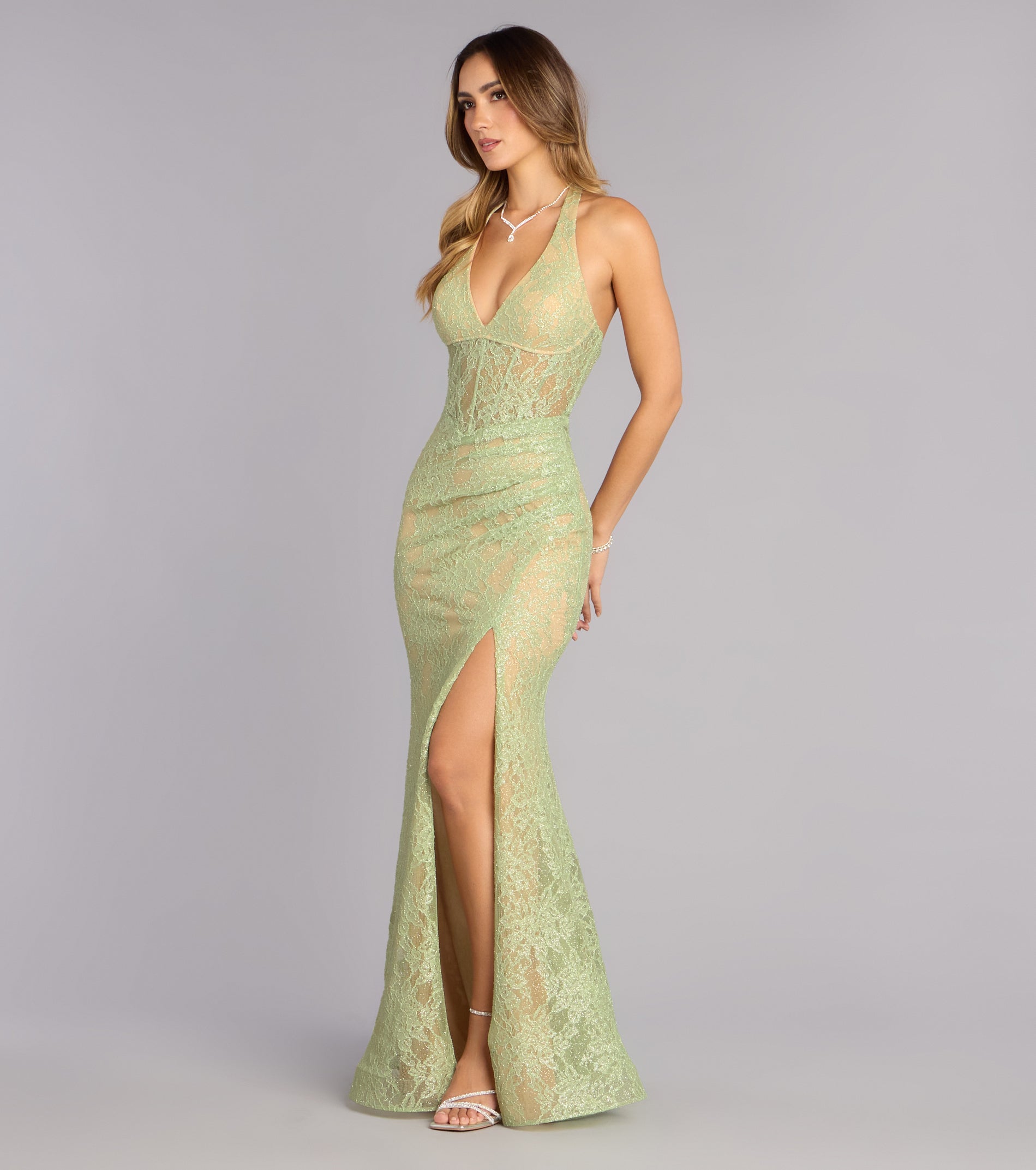 Cadie Halter Corset Slit Lace Formal Dress