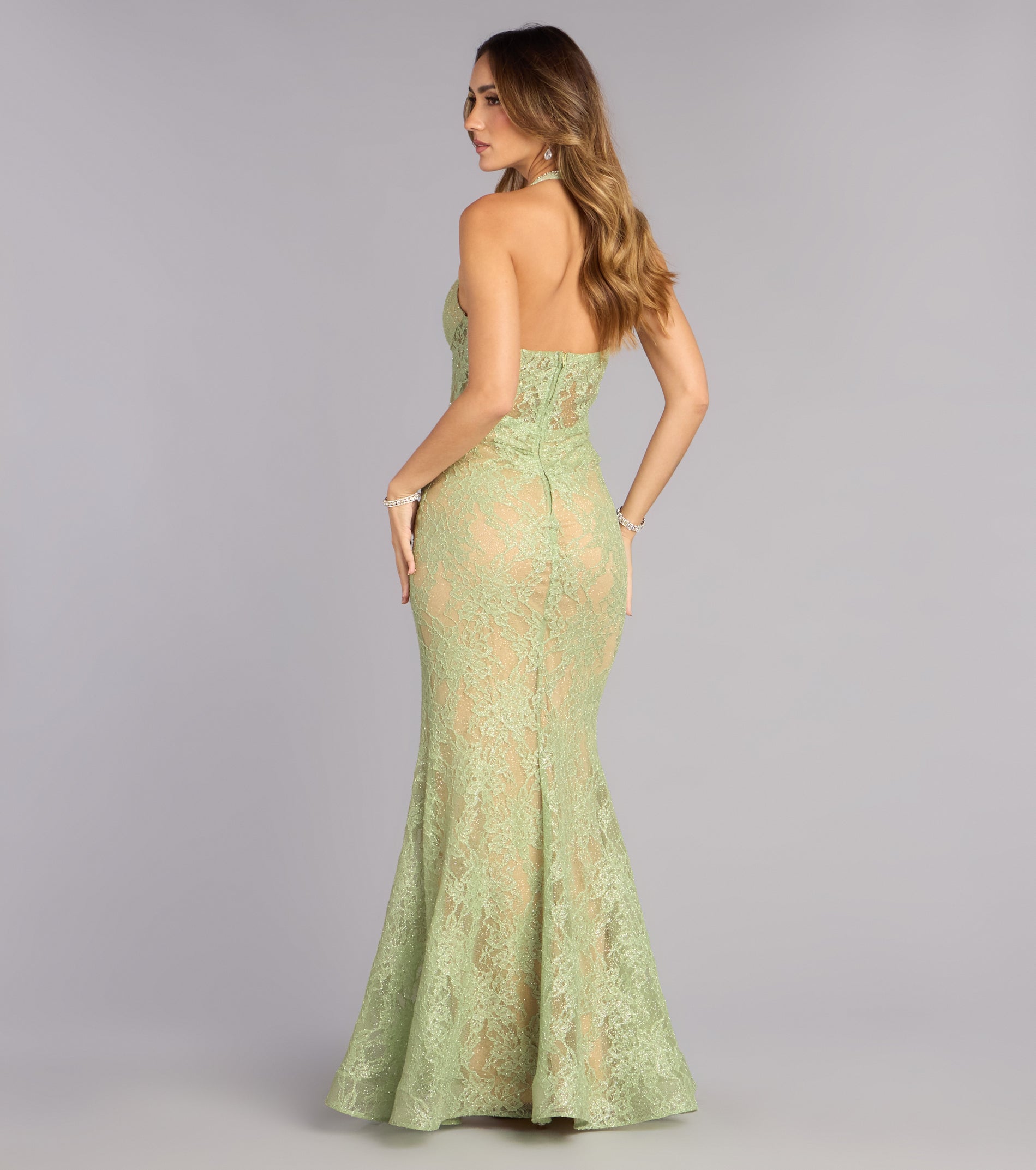 Cadie Halter Corset Slit Lace Formal Dress