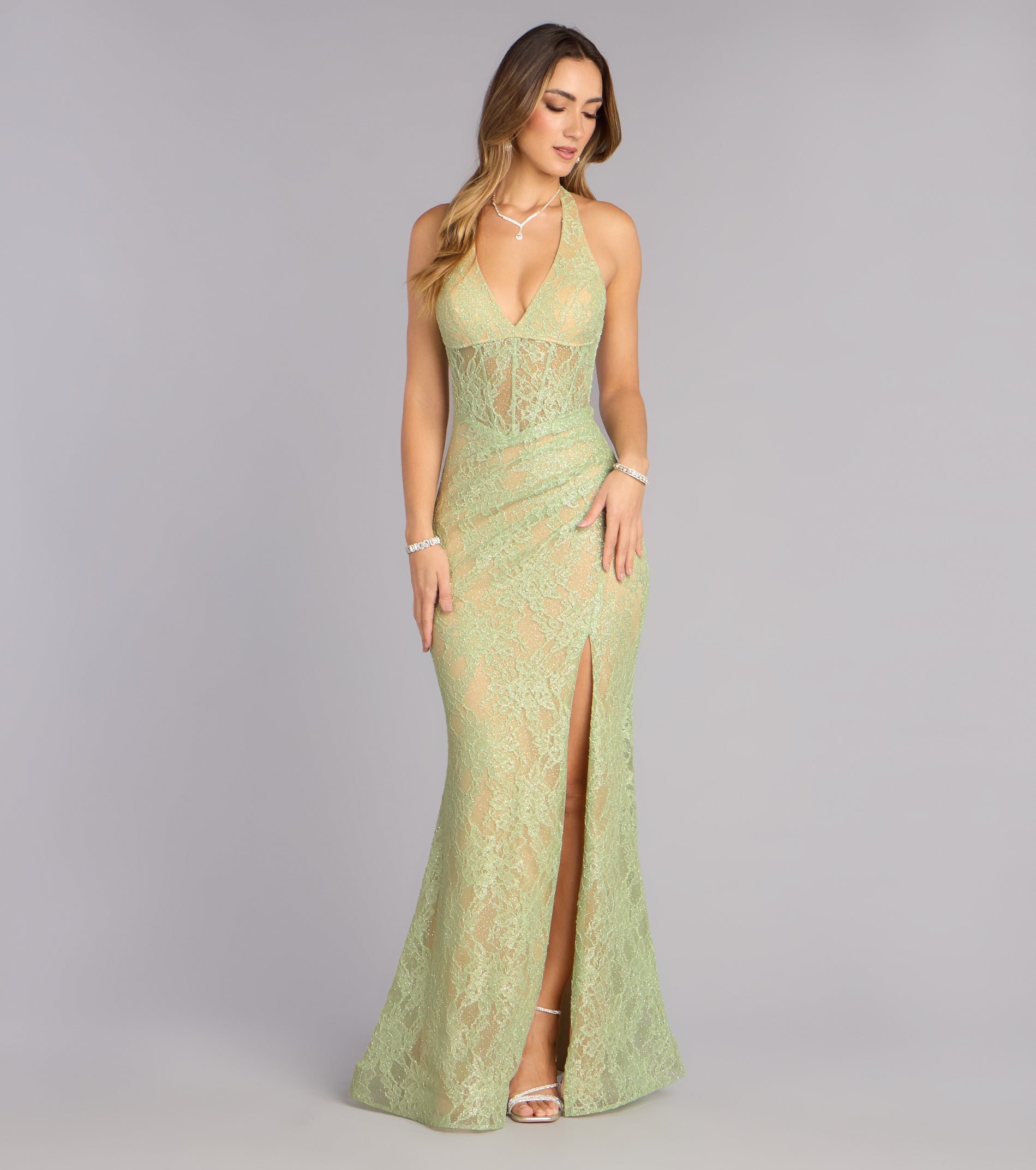 Cadie Halter Corset Slit Lace Formal Dress