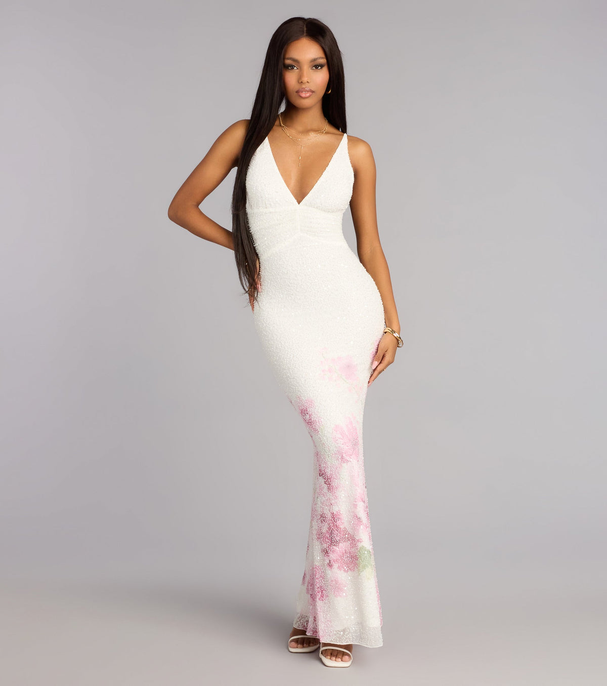 Margo Beaded Floral Print Mermaid Dress