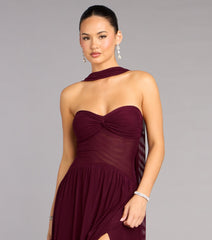 Rhea Mesh Strapless A-Line Dress With Scarf