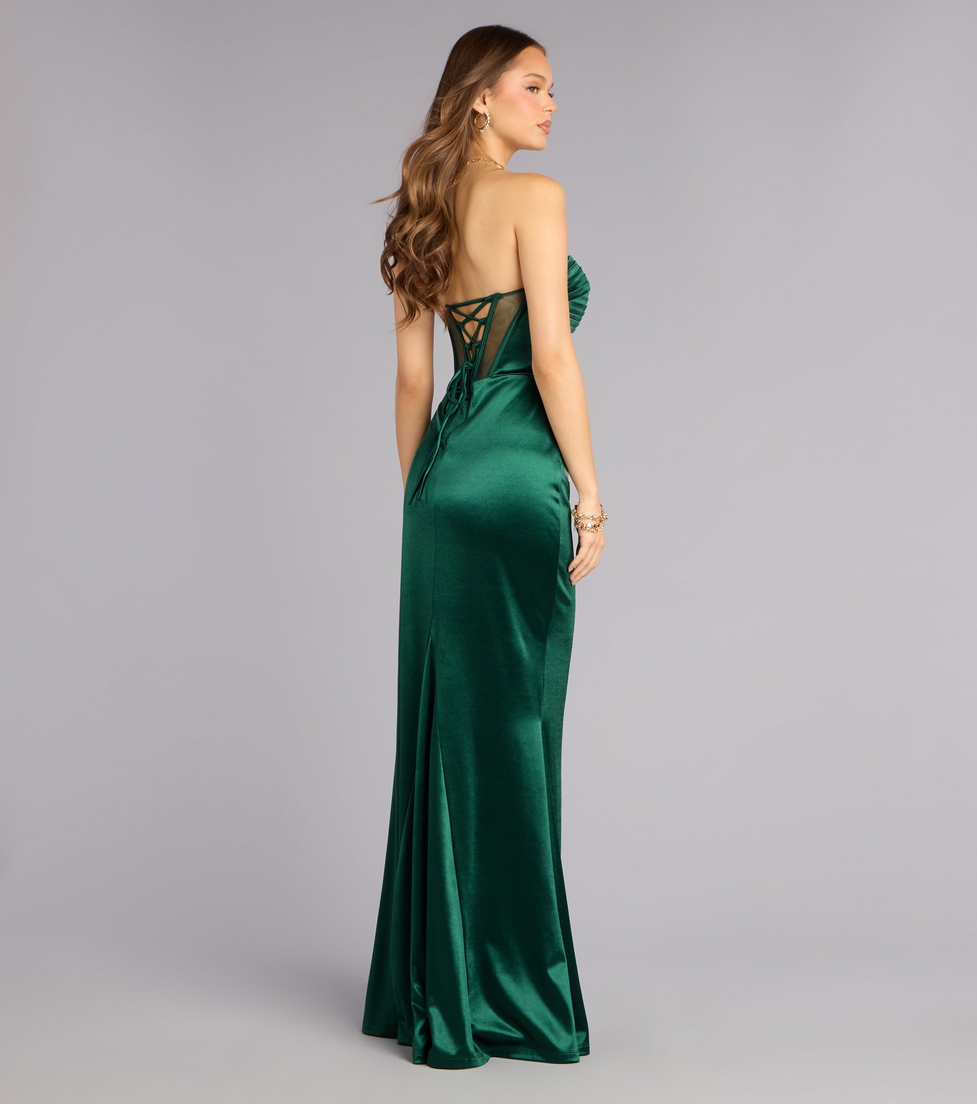 Olive Satin Lace-Up Corset Formal Dress