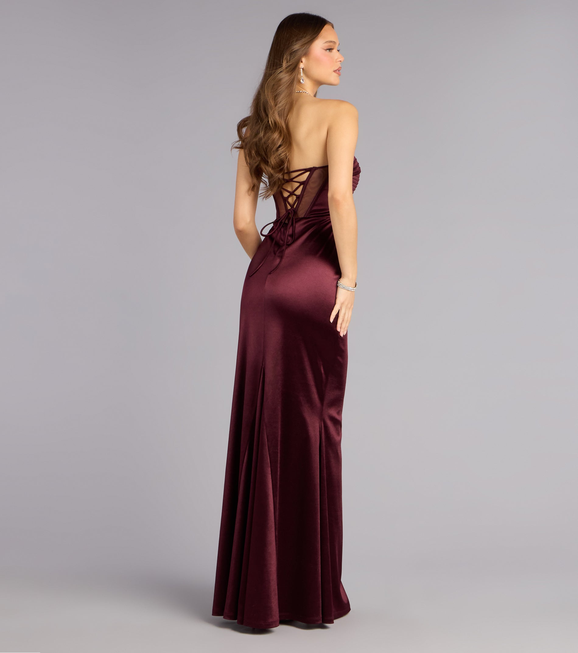 Olive Satin Lace-Up Corset Formal Dress