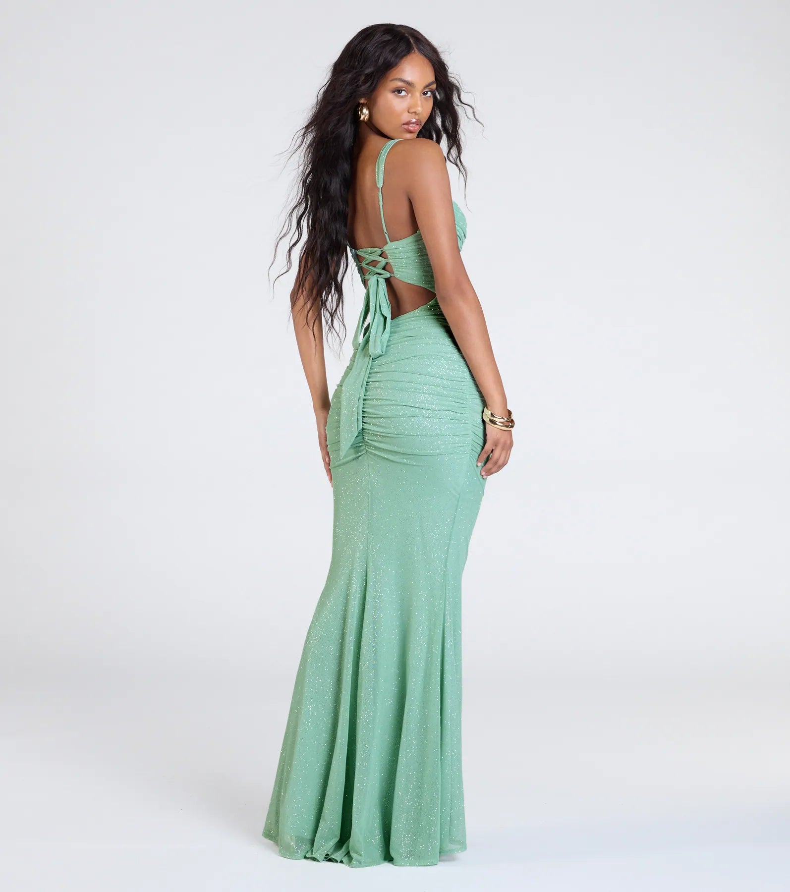 Jenna Lace-Up Ruched Mermaid Glitter Formal Dress