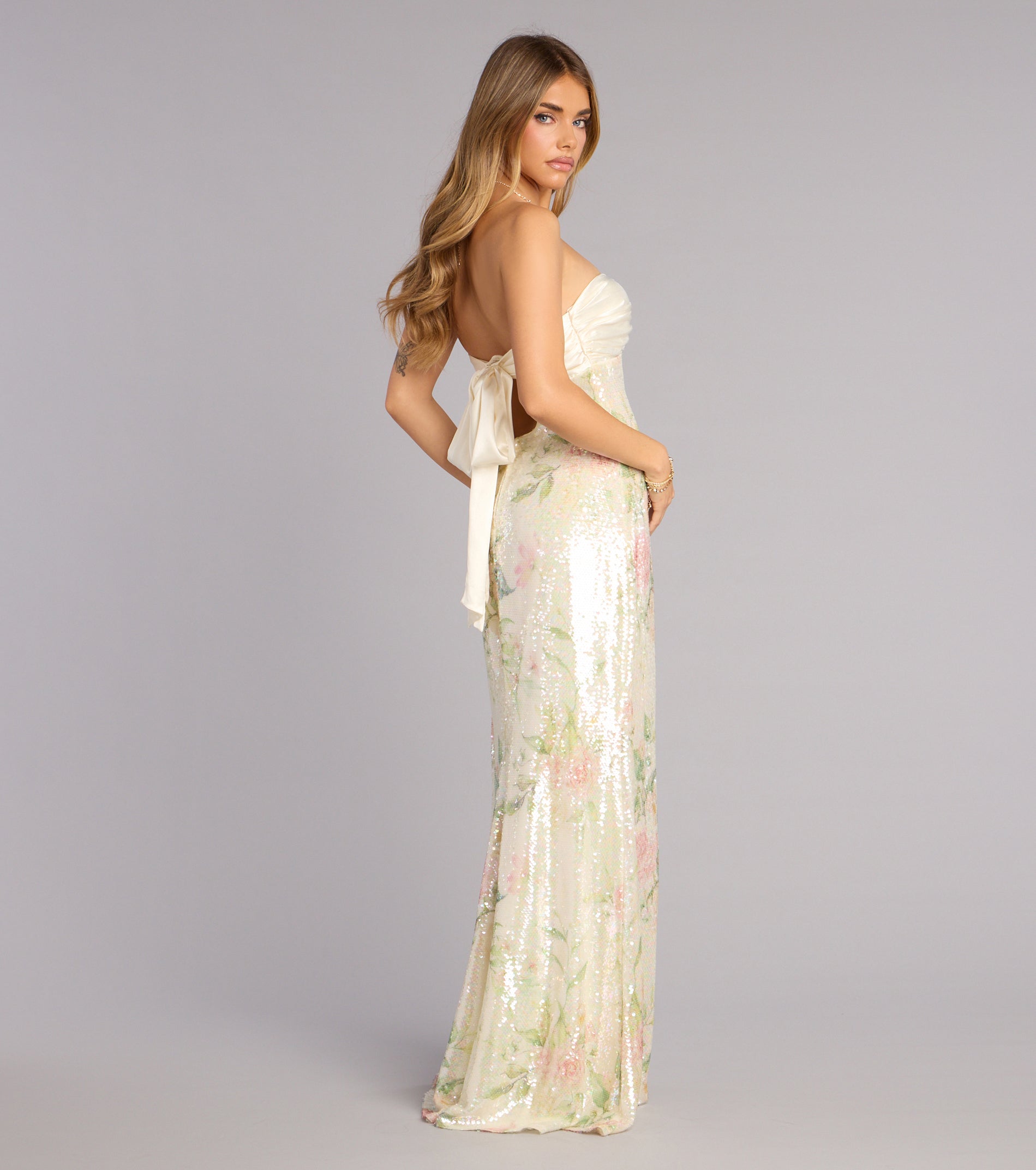 Angelina Satin Tie-Back Floral Sequin Formal Dress