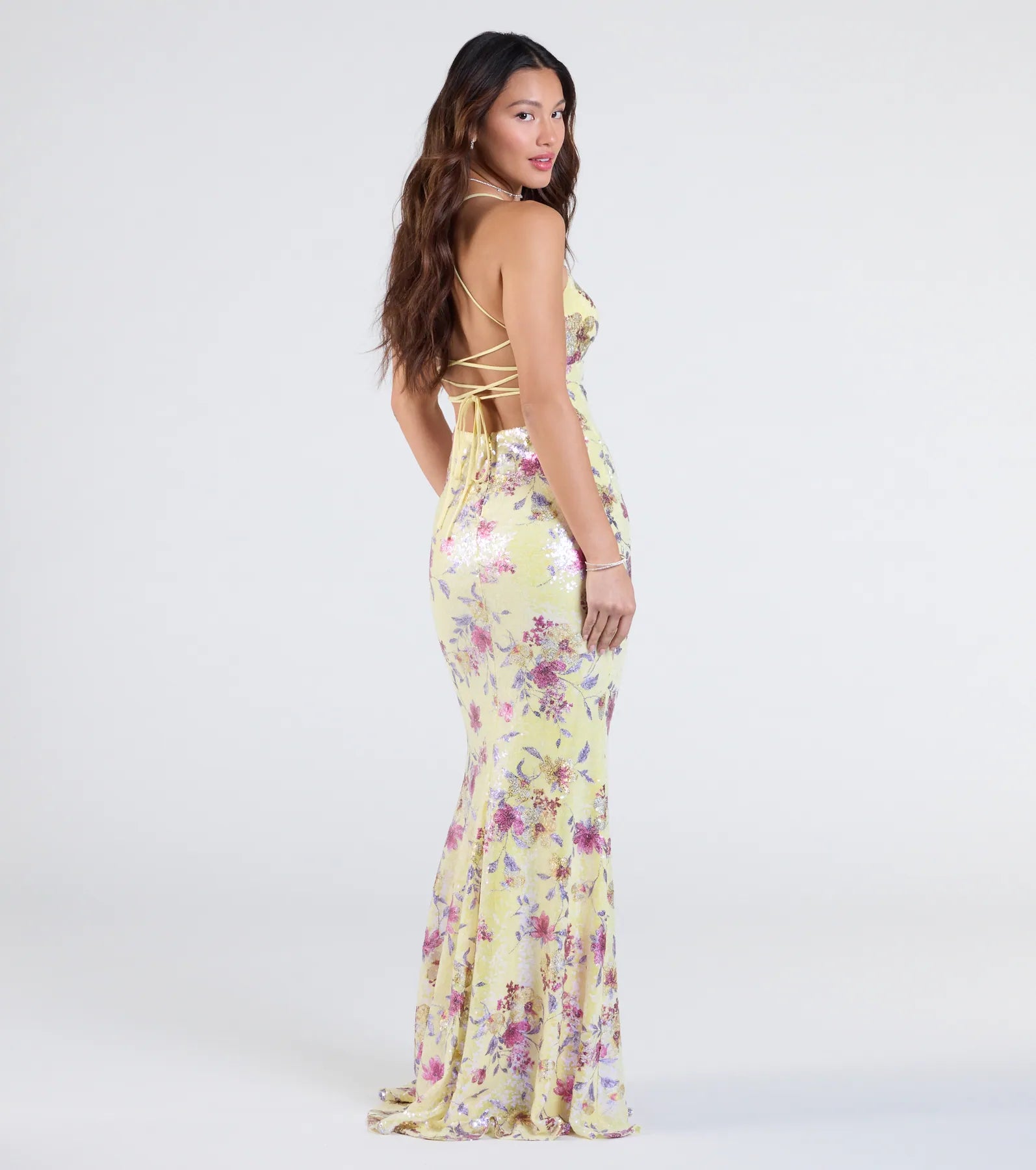 Sierra Lace-Up Floral Sequin Formal Dress