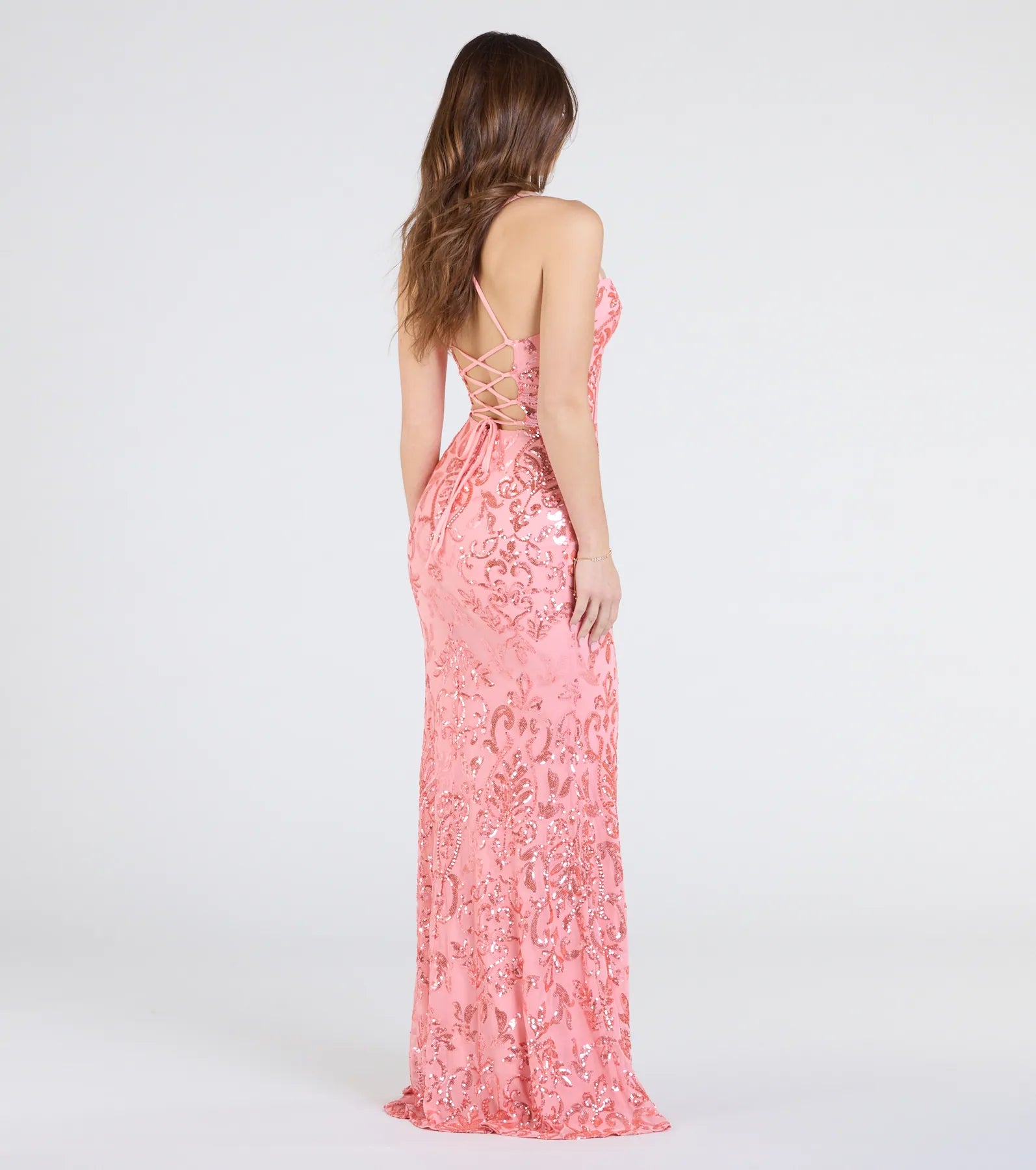 Shelby Lace-Up Slit Sequin Formal Dress