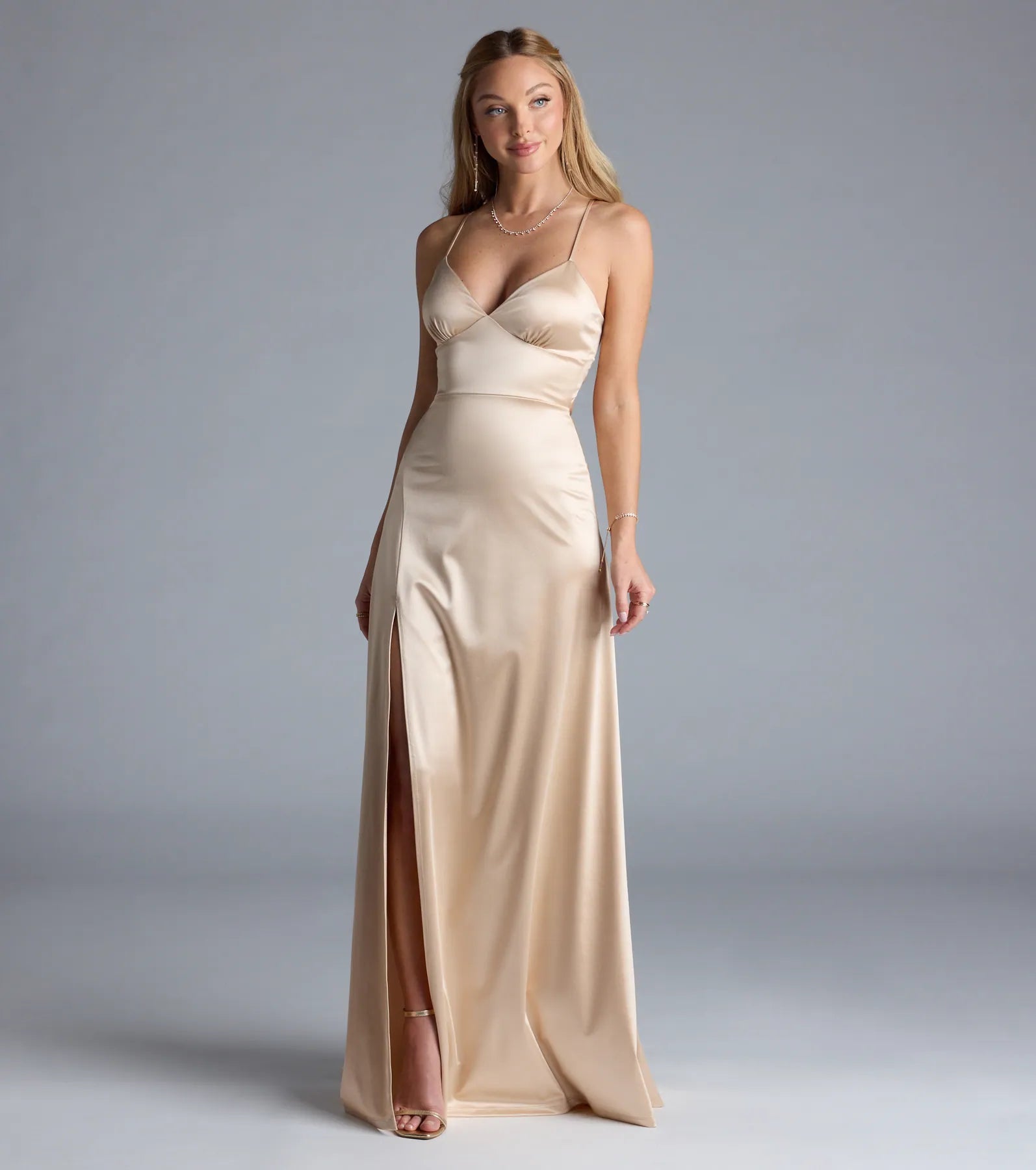 Lynnea Lace-Up Slit A-Line Satin Formal Dress