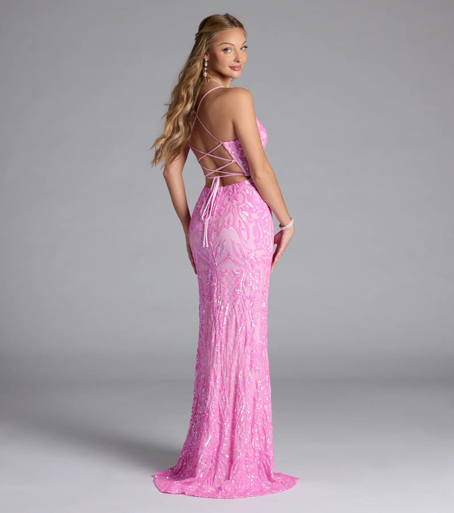 Lani Lace-Up Slit Mermaid Sequin Formal Dress