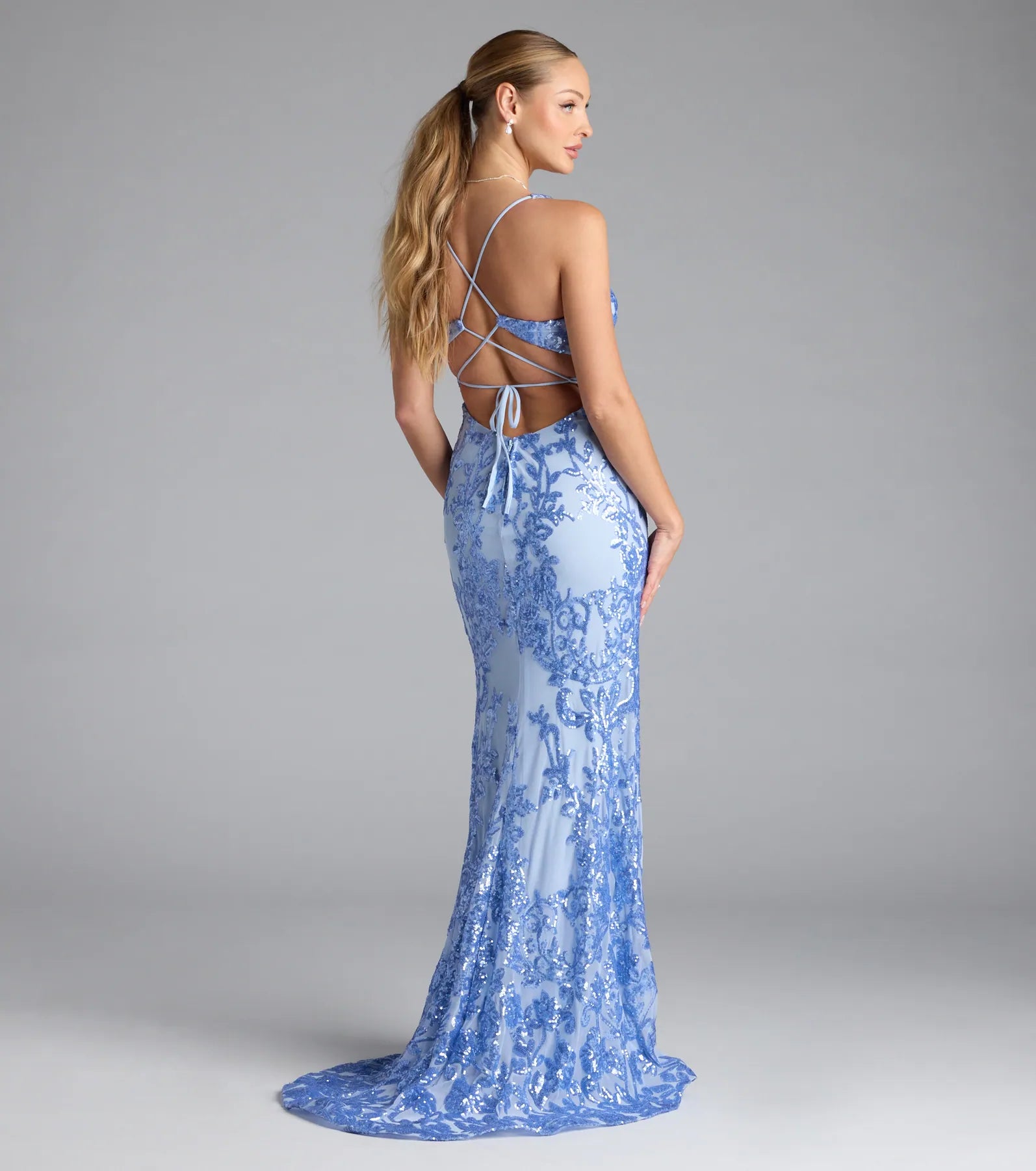 Jaide Lace-Up Corset Slit Sequin Formal Dress