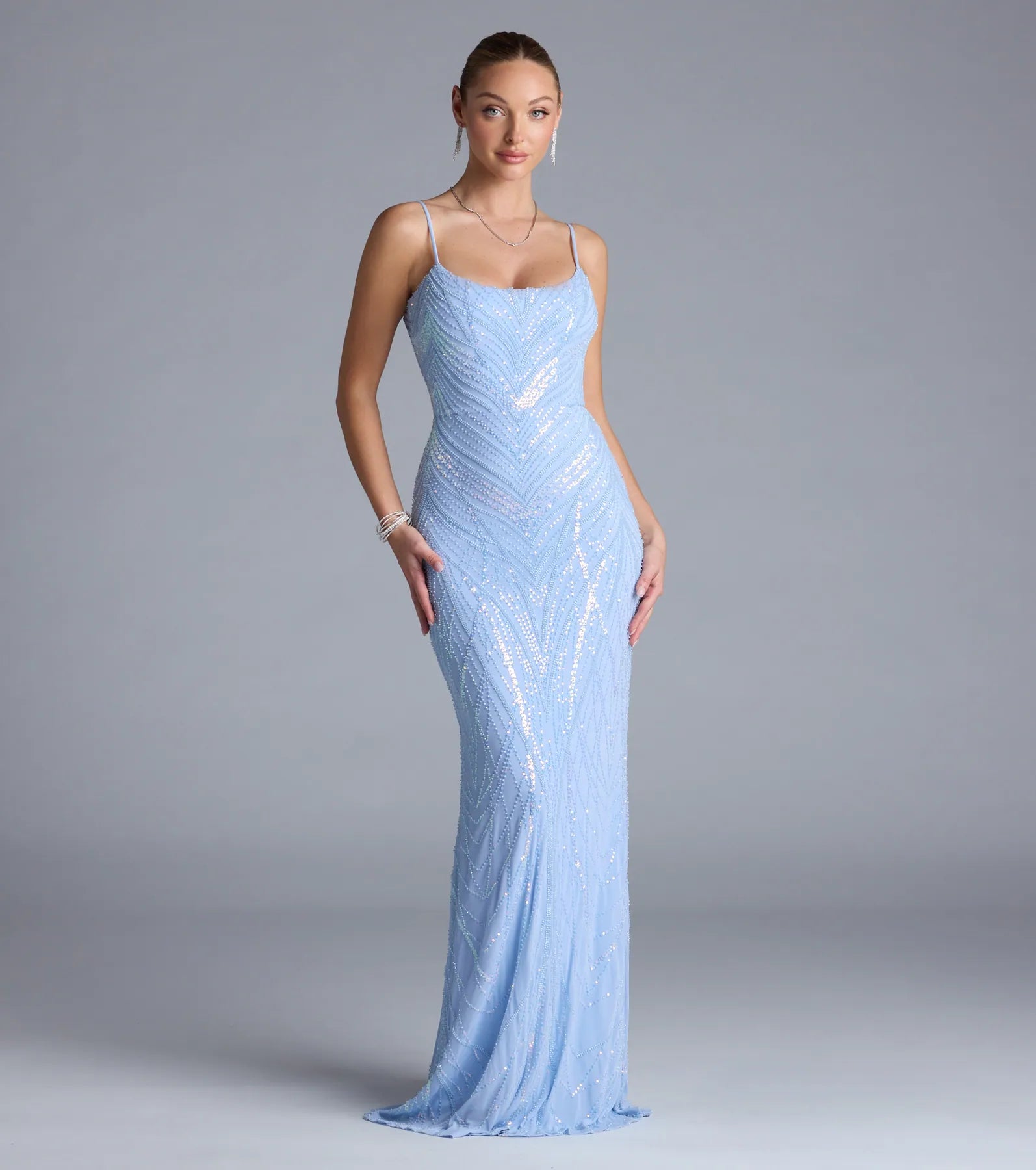 Betsey Lace-Up Mermaid Sequin Bead Formal Dress