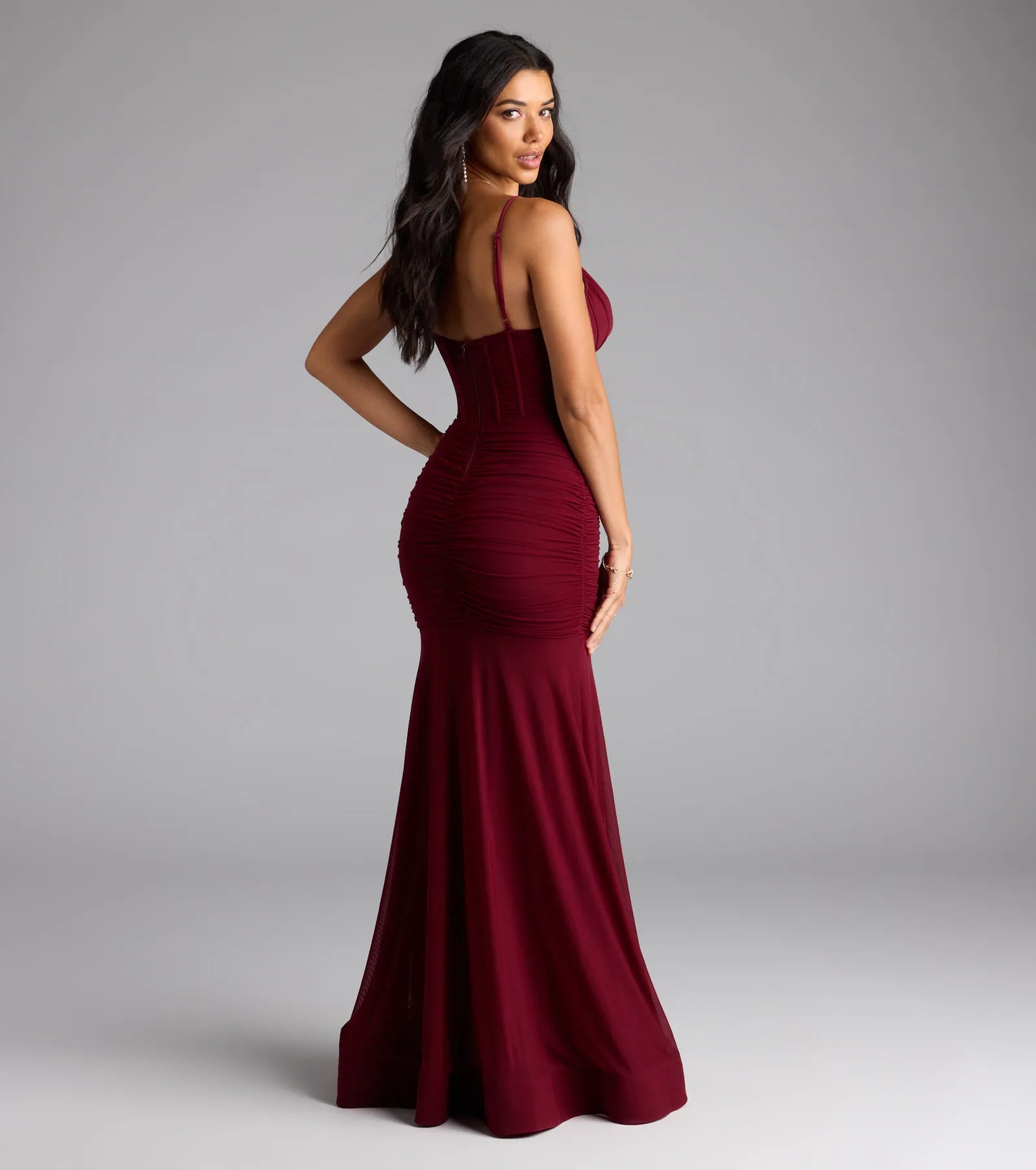 Cesca Corset Slit Mesh Formal Dress